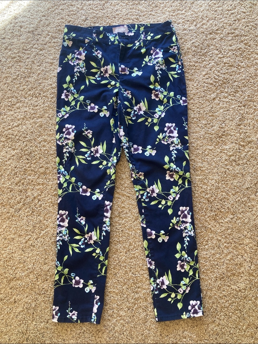 Chico's Navy Floral Pants with Green and Purple Accents